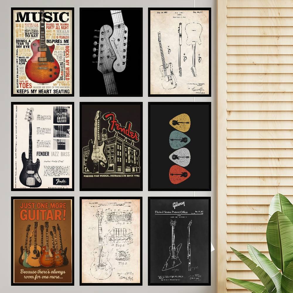 Vintage Collectible Posters - Gitarrenkollektion, selbstklebendes Kunstposter, ausgefallener Wandaufkleber für
